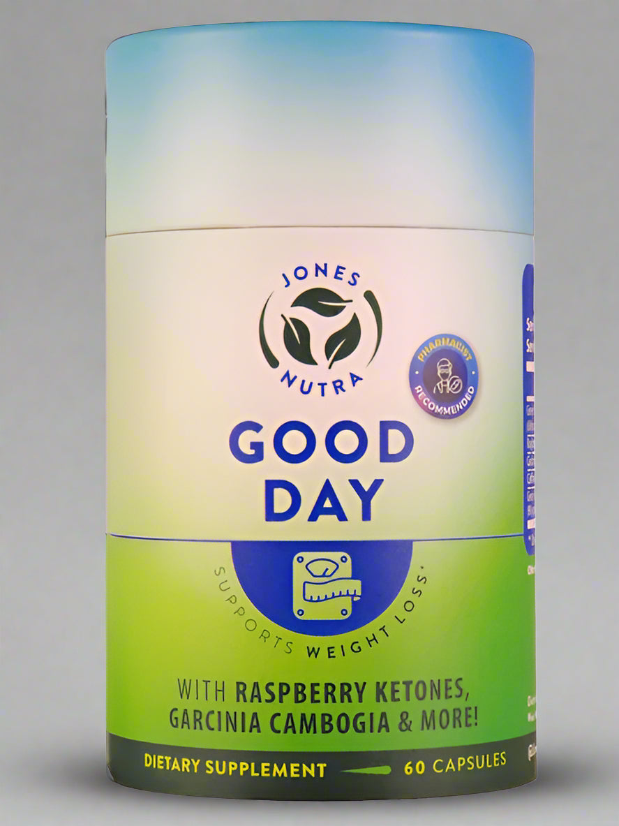Dietary supplement container labeled 'Good Day' by Jones Nutra on a white background