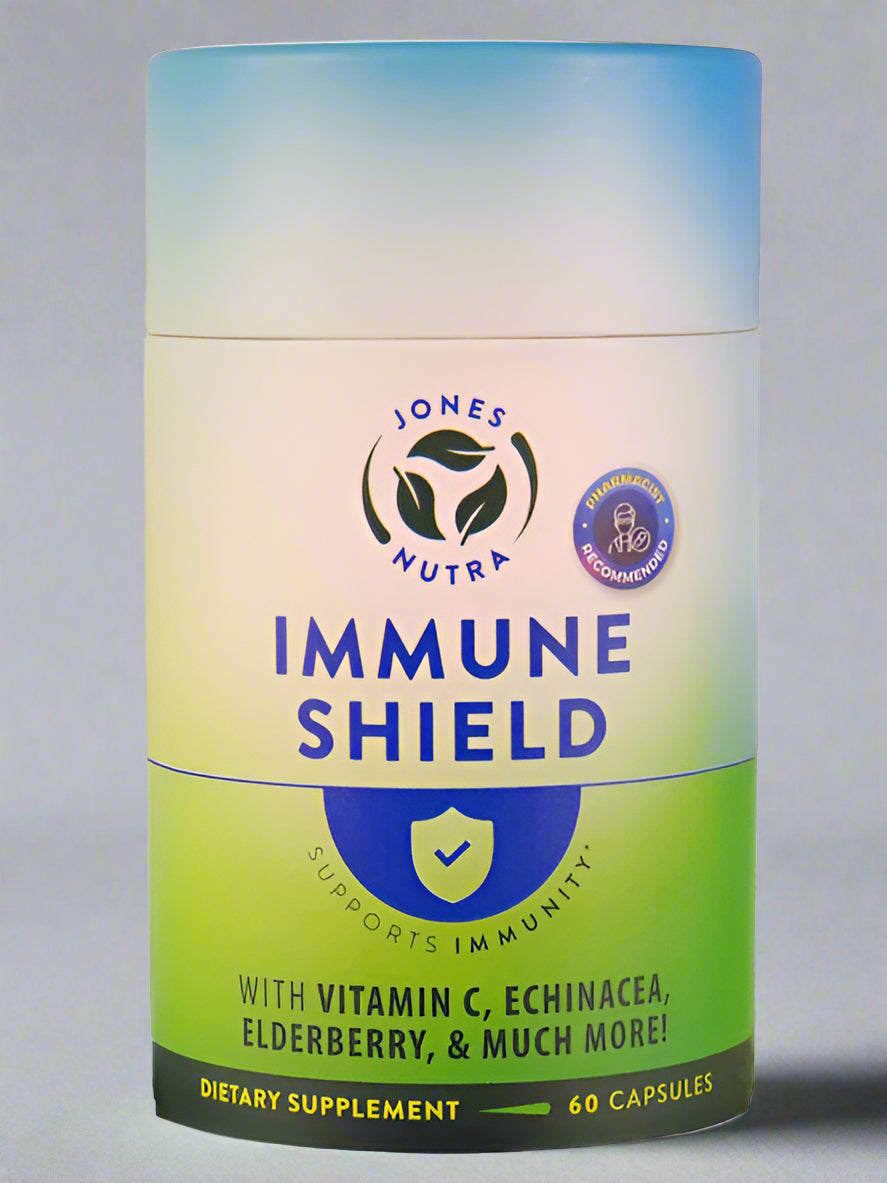 Jones Nutra Immune Shield dietary supplement container on a white background