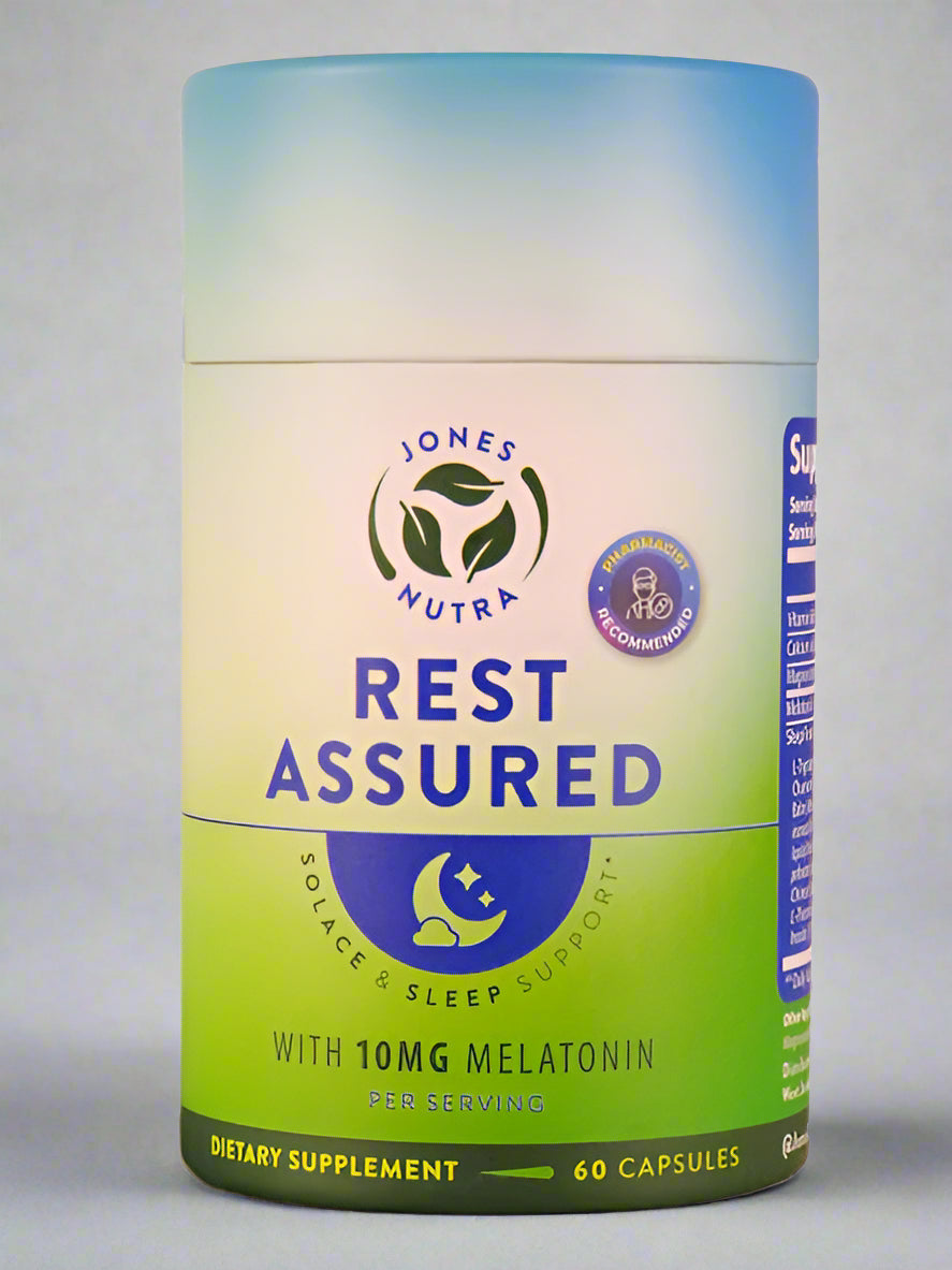 Dietary supplement container labeled 'Rest Assured' with melatonin on a gray background
